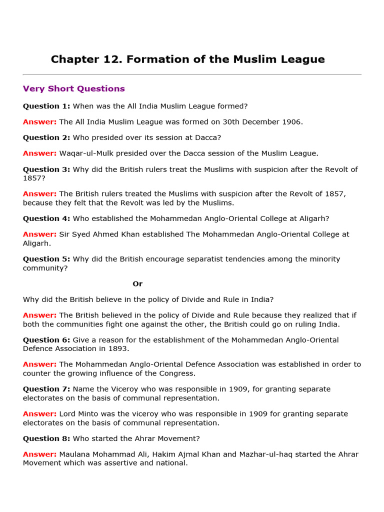 Formation of the Muslim League | PDF | All India Muslim League ...