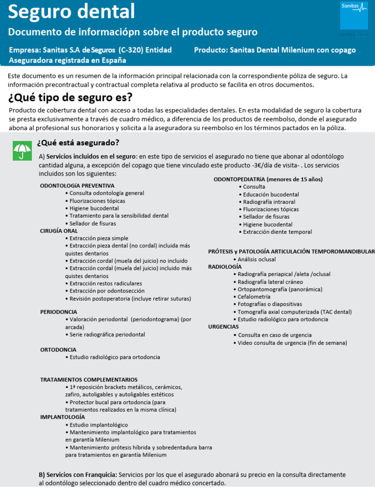 Seguro Dental Sanitas Milenium Copago | PDF | Odontología | Ortodoncia