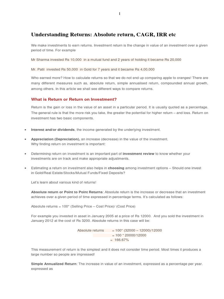 Understanding Returns - Absolute Return, CAGR, IRR Etc | PDF | Beta ...