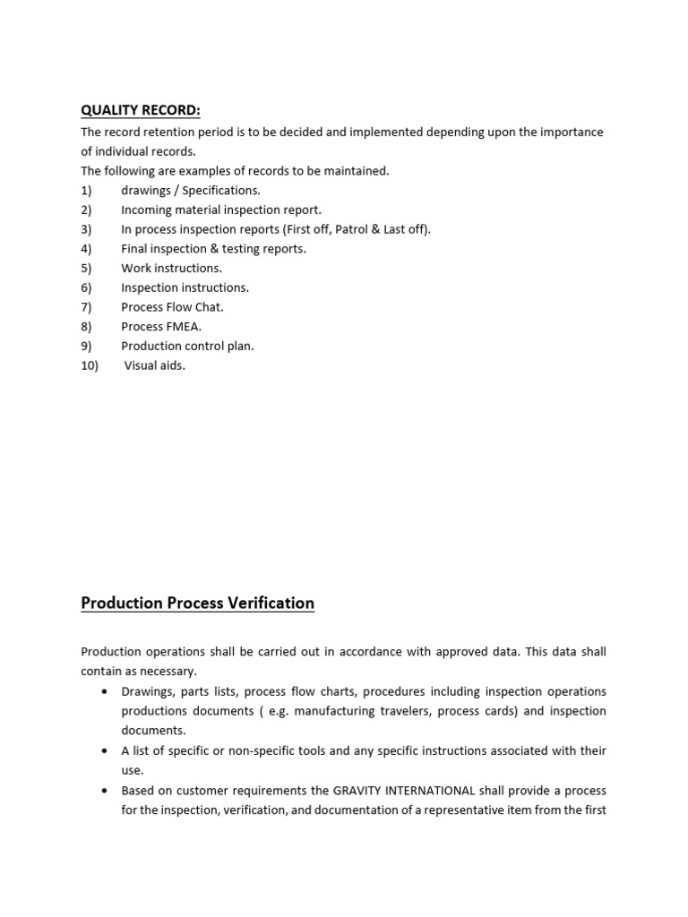 Quality Record:: Production Process Verification | PDF