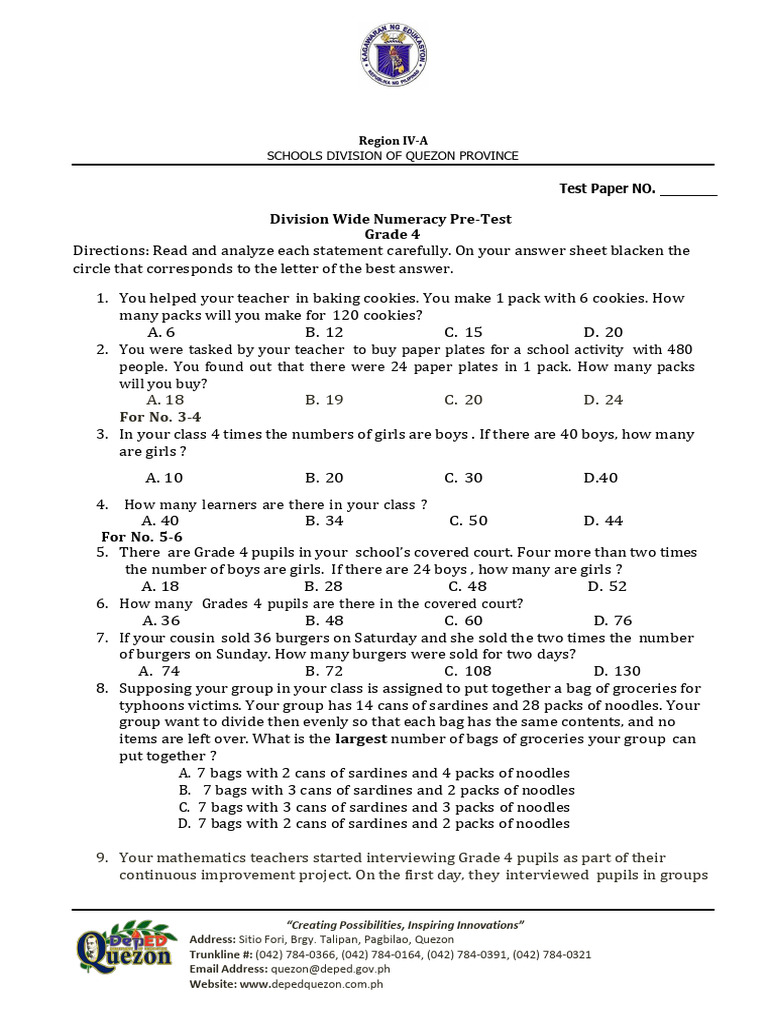 Grade 4 Numeracy Pre-Test with Answers | PDF