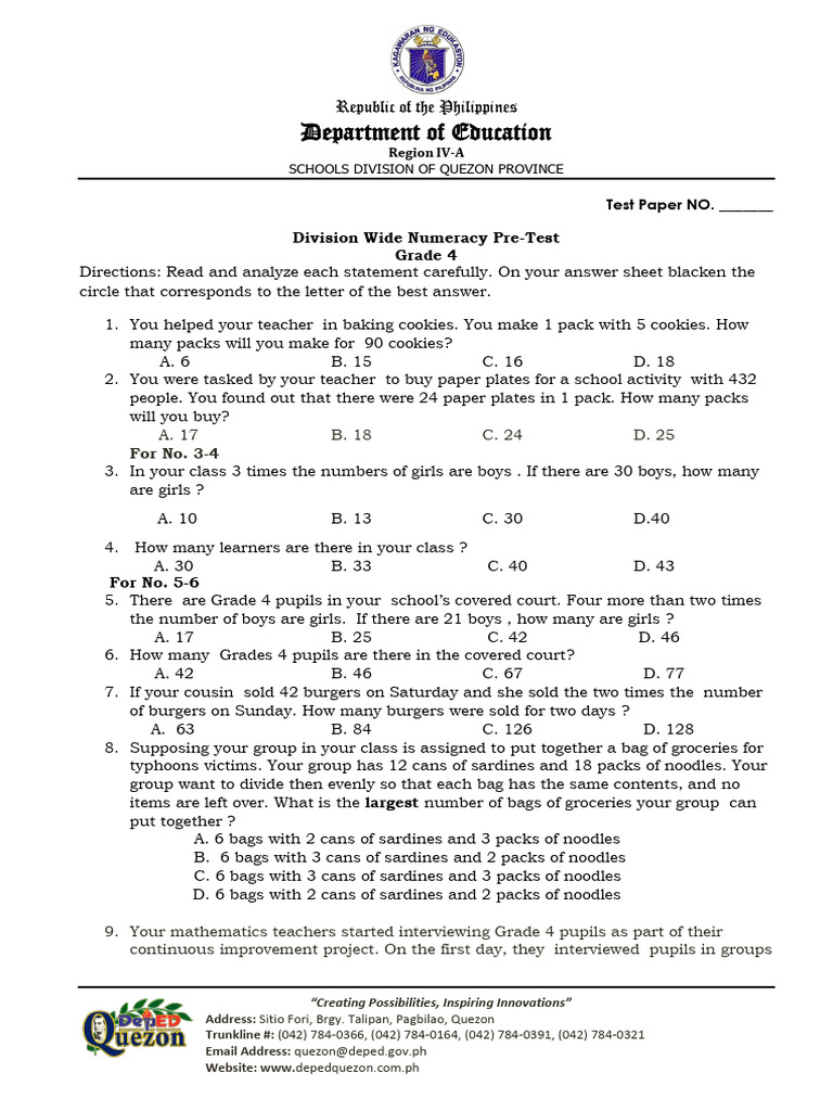 Grade 4 Numeracy Pre-Test Paper | PDF