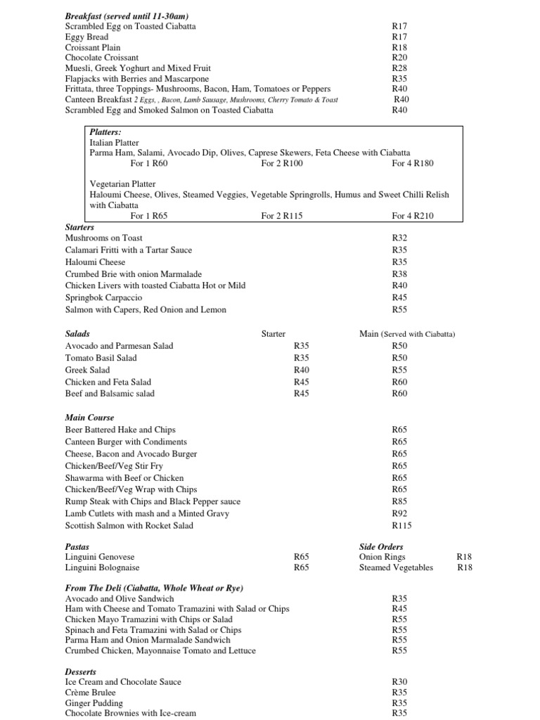 Canteen Restaurant Menu Overview | PDF