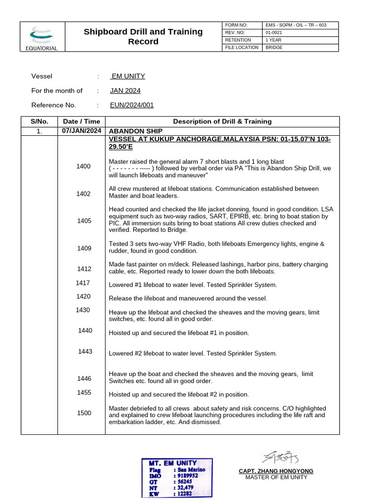 Shipboard Drill Training Record - January 2024 | PDF | Firefighter | Ships