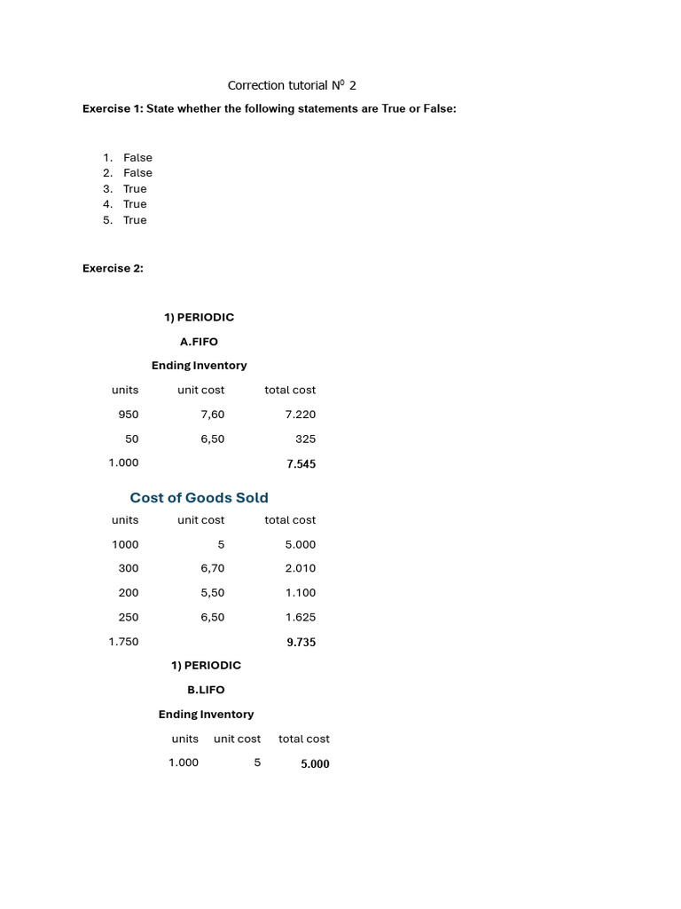 Correction Tutorial N0 2 | PDF | Cost Of Goods Sold | Income Statement