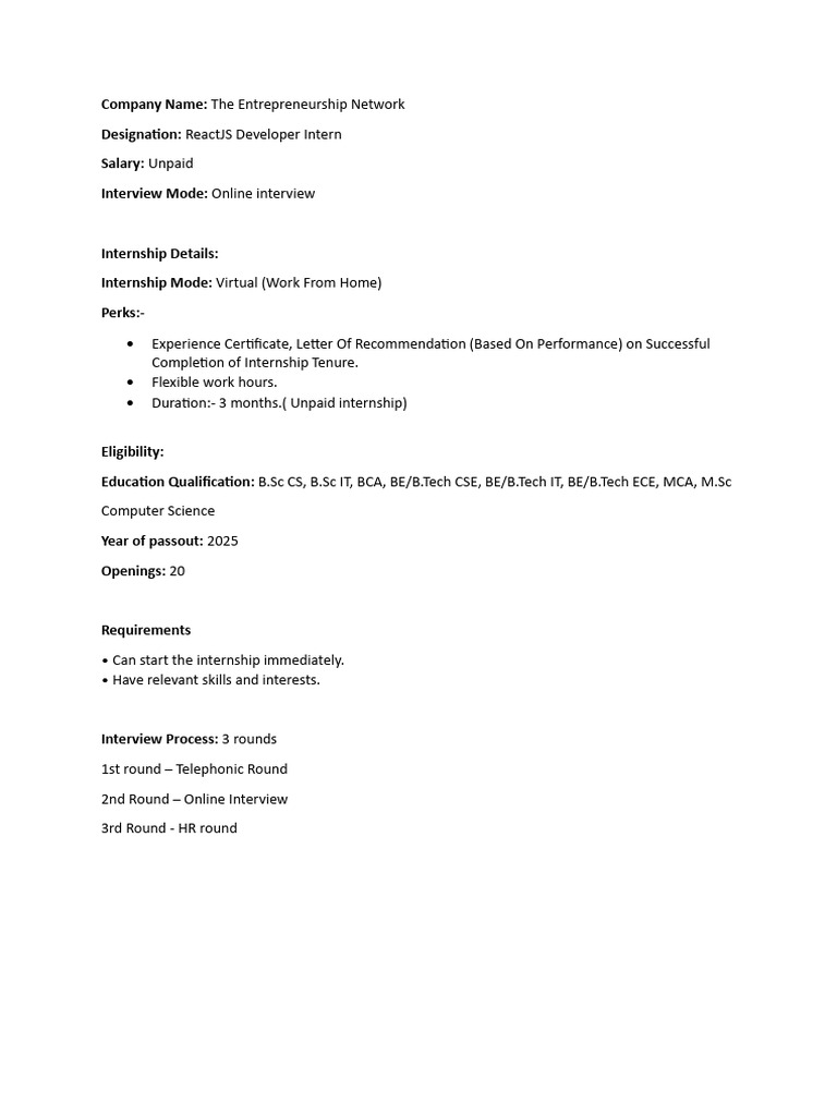 JD - The Entrepreneurship Network - ReactJS Developer Intern - Remote ...