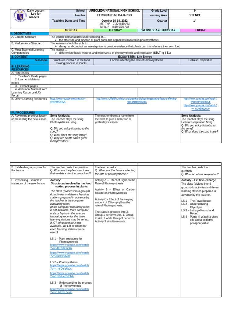 Q1-SCIENCE-9-Week-7 | PDF | Photosynthesis | Cellular Respiration