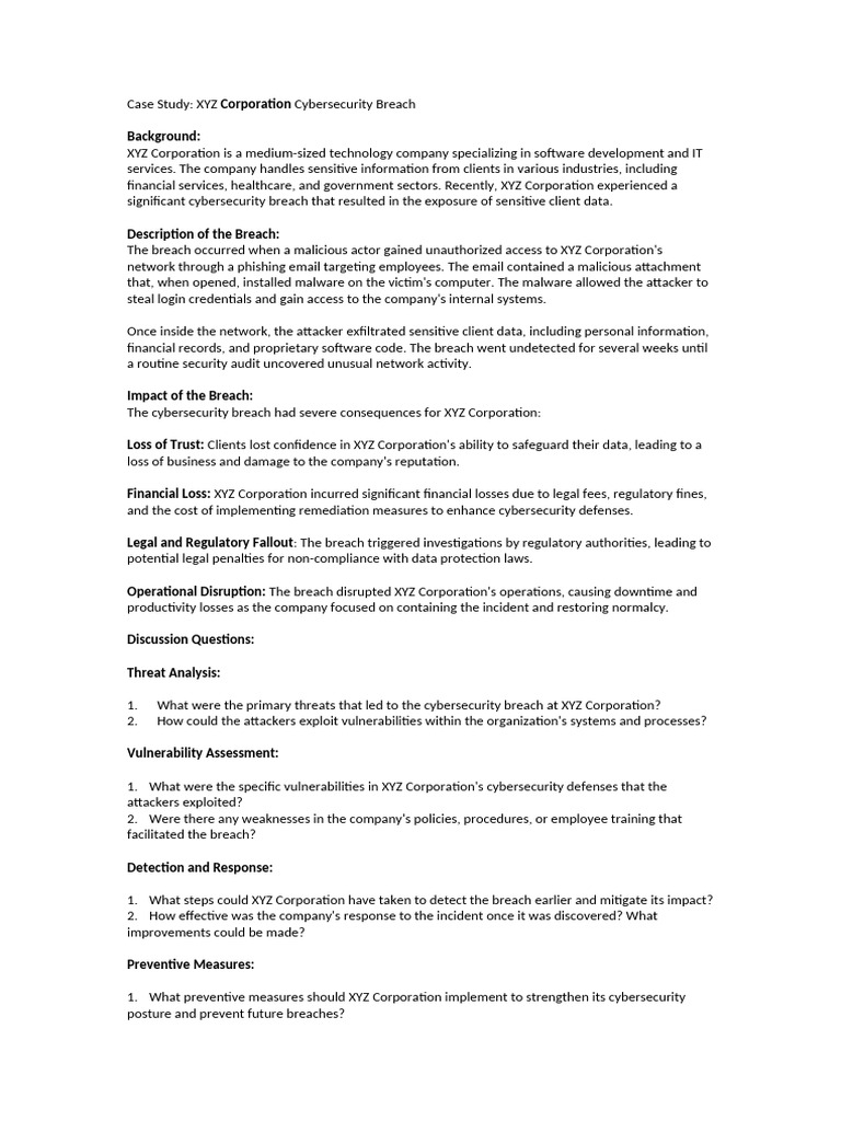 XYZ Corporation Cybersecurity Breach Analysis | PDF | Security ...