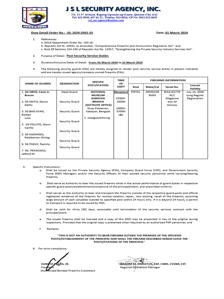 Duty Detail Order for Security Guards | PDF | Security Guard | Ballistics