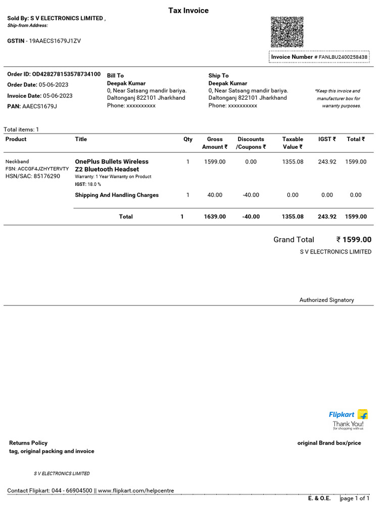 Invoice for OnePlus Bullets Z2 Headset | PDF | Taxes