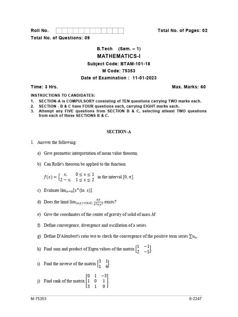 B.Tech Mathematics-I Exam Paper | PDF | Matrix (Mathematics ...