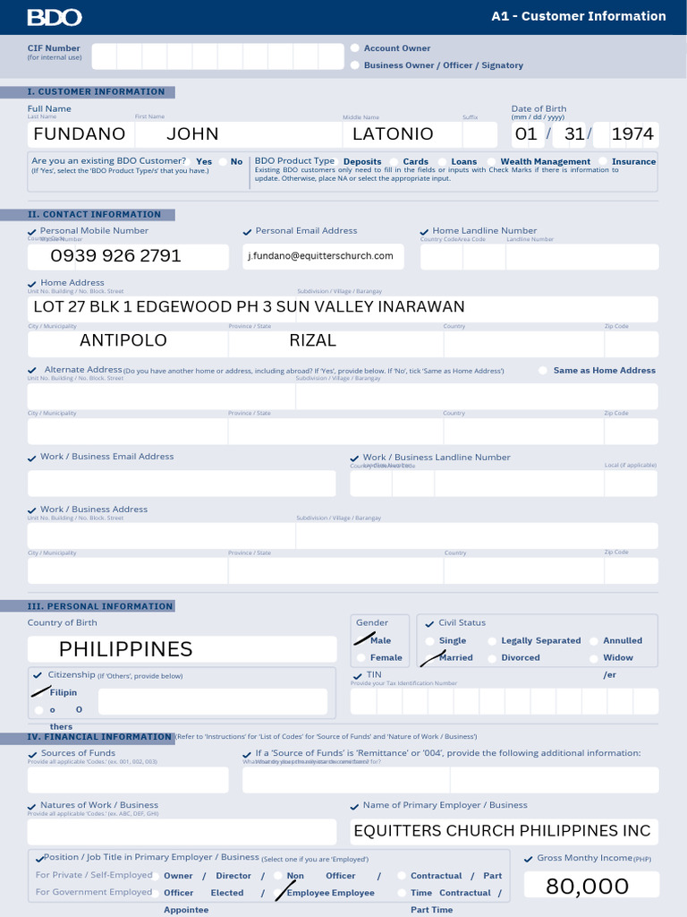 BDO Customer Information Form | PDF | Loans | Financial Services