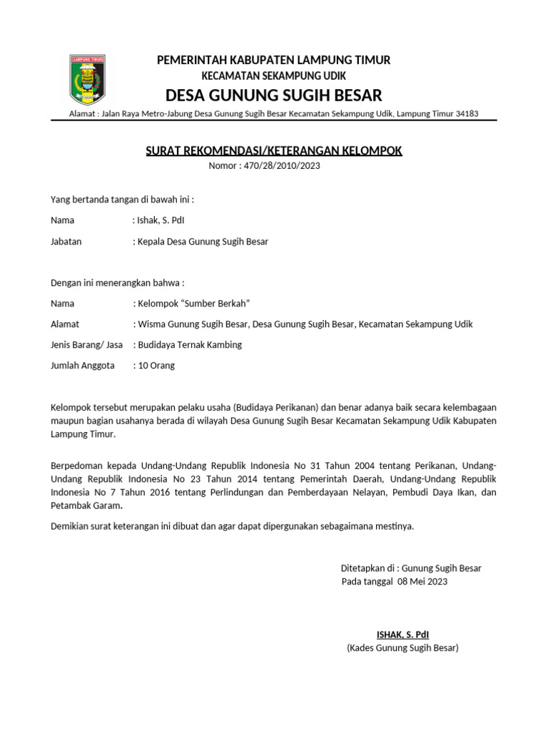 Surat Rekomendasi UMKM Budidaya Ikan | PDF