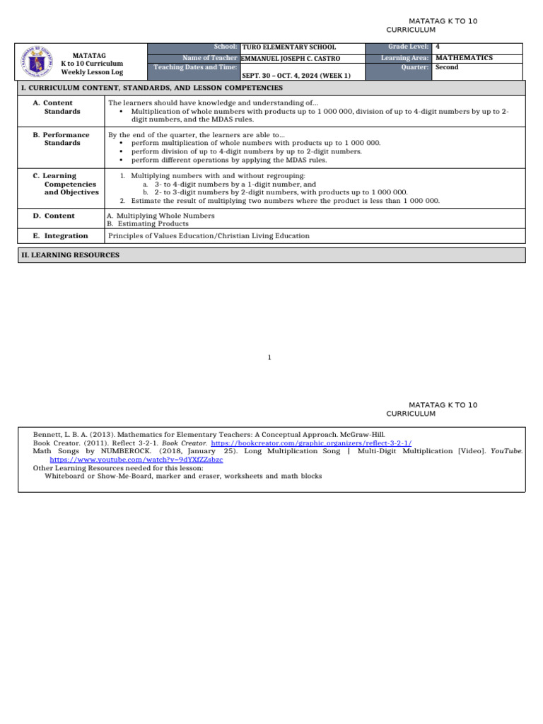 DLL MATATAG _MATH 4 Q2 W1 | PDF | Curriculum | Teachers