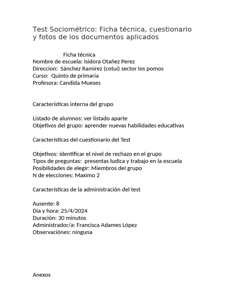 Test Sociométrico en Quinto de Primaria | PDF