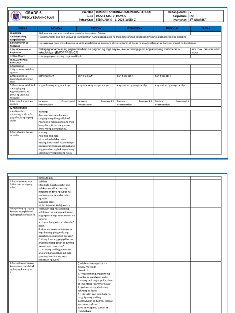 WLP (Grade 5-Quezon) - Q3 - Week 2 - (February 5-9, 2024) | PDF