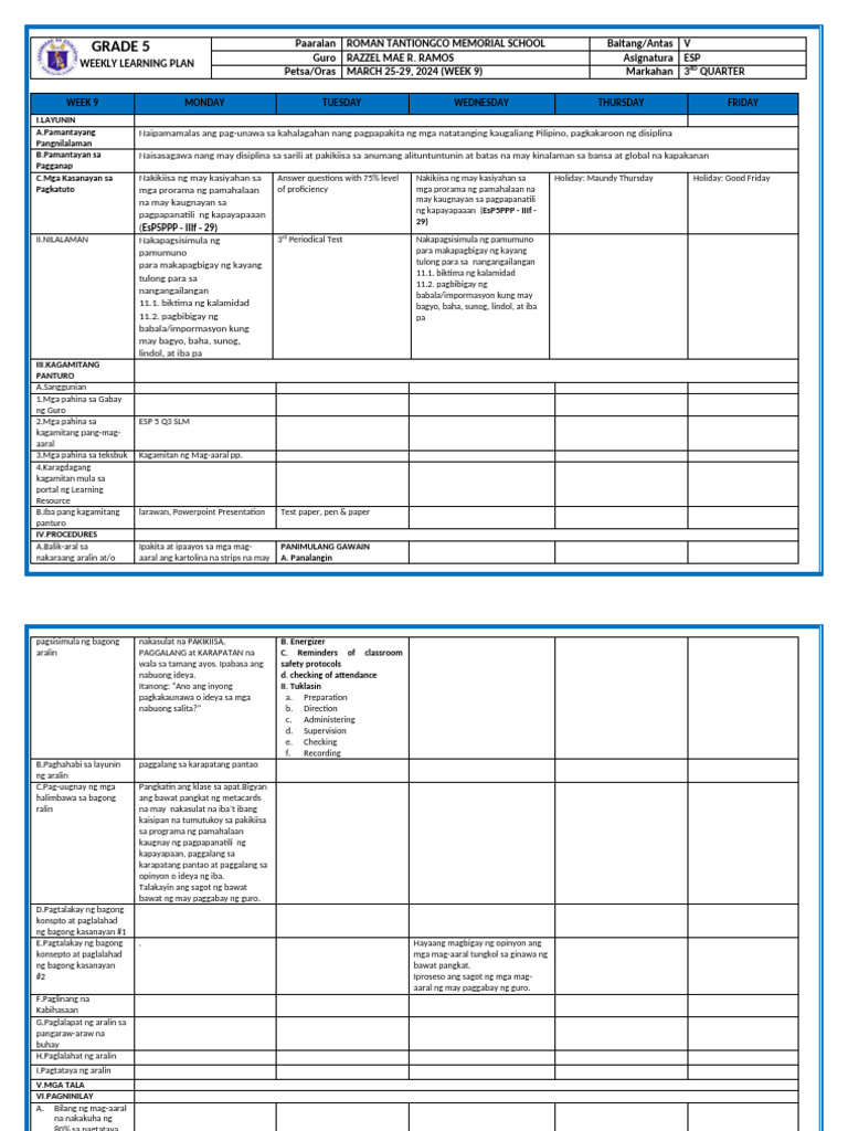 Grade 5 Weekly Learning Plan | PDF | Magnet | Electricity