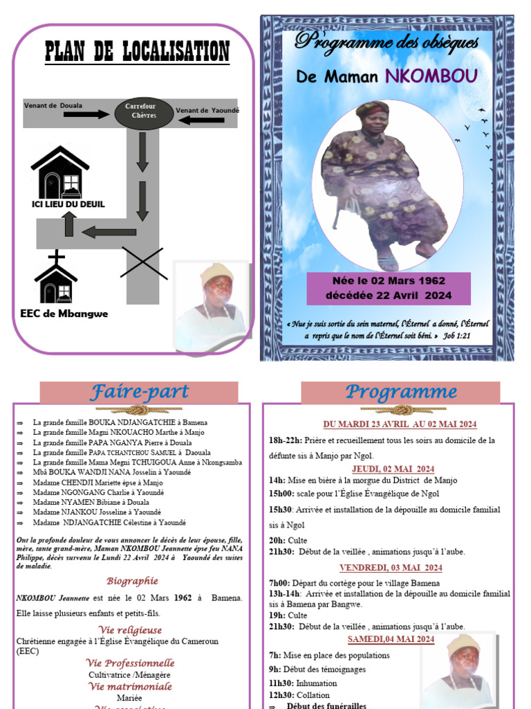 Programme des obsèques de Maman NKOMBOU | PDF | Funérailles | Cérémonies