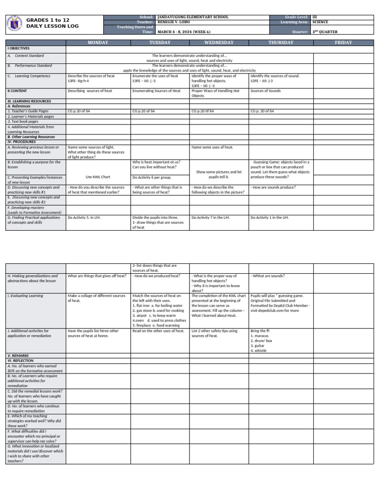 DLL - Science 3 - Q3 - W6 | PDF | Learning | Human Communication
