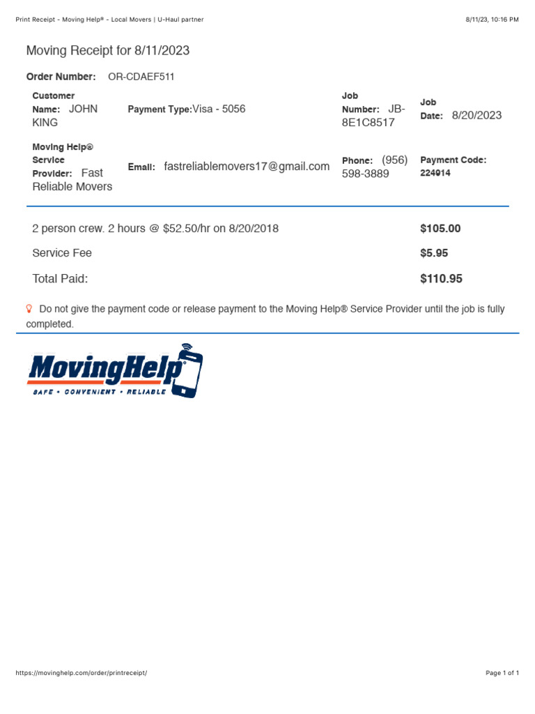 Moving Help Receipt for John King | PDF