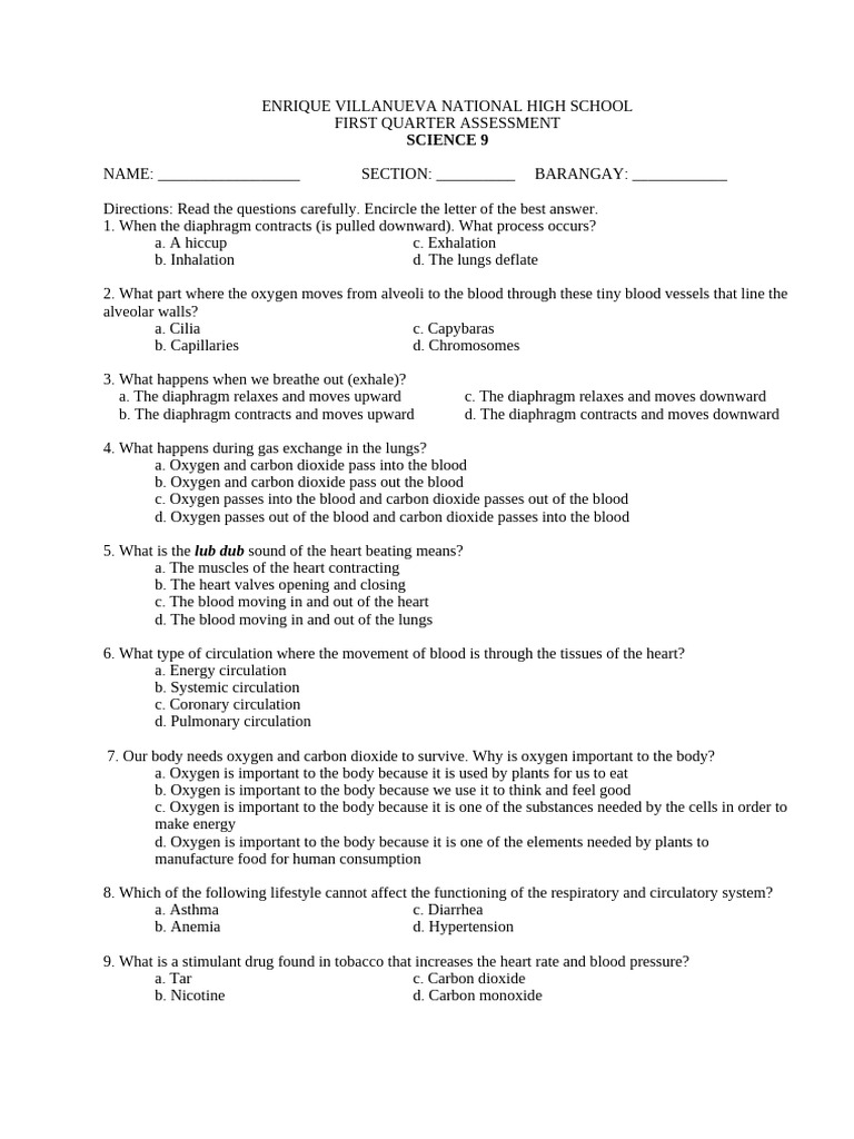 Science 9 First Quarter Assessment | PDF | Dominance (Genetics) | Lung