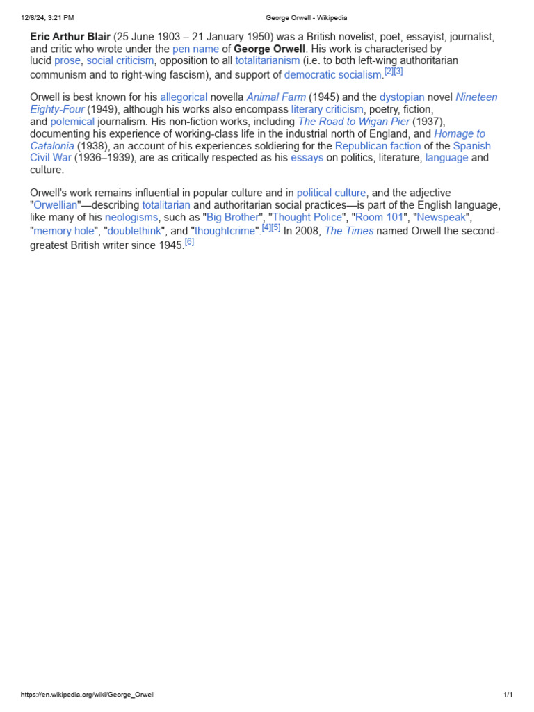 George Orwell - Wikipedia | PDF