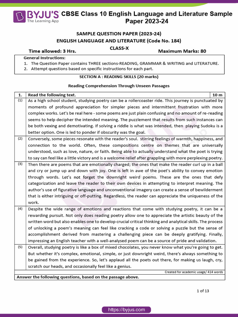 CBSE Class 10 English 13apr Language and Literature Sample Paper 2023 ...