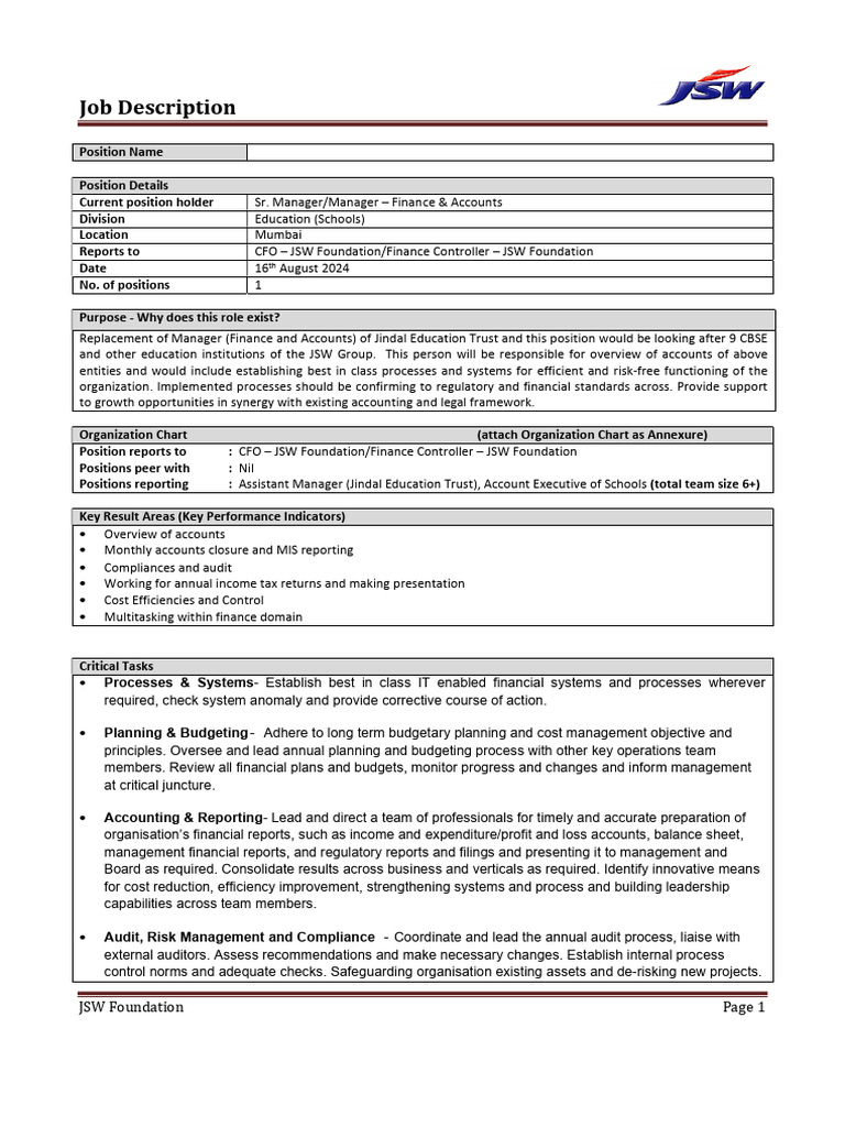 Finance & Accounts Manager Job Description | PDF | Audit | Regulatory ...