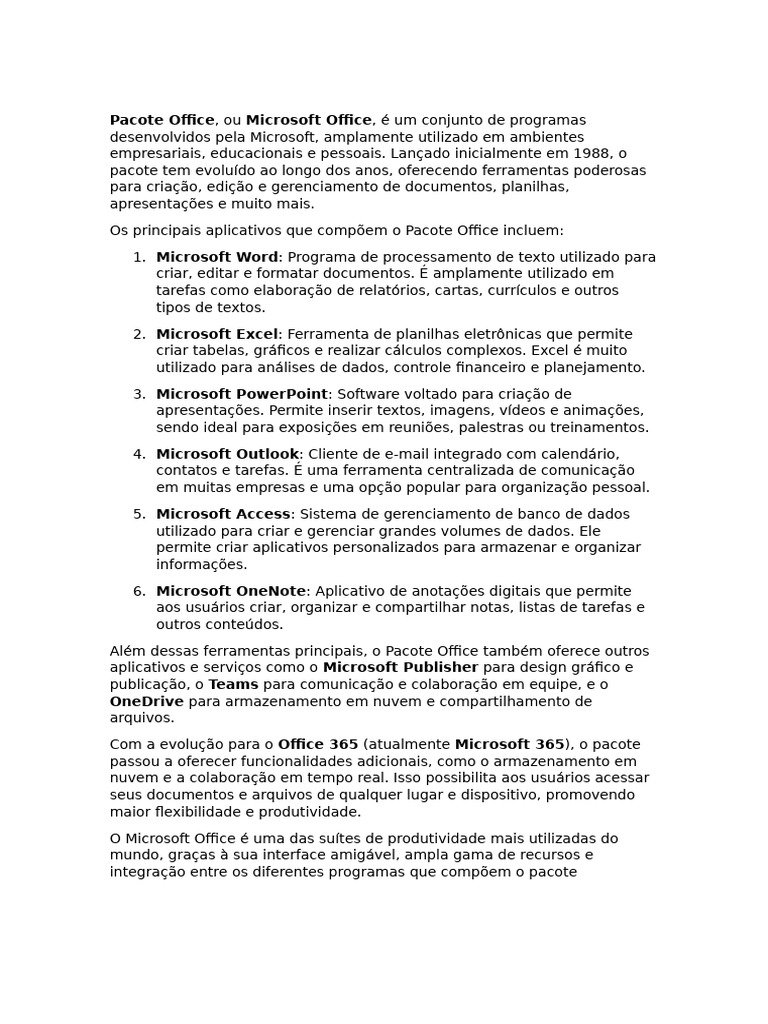 Componentes do Pacote Office | PDF | Microsoft | Microsoft Office