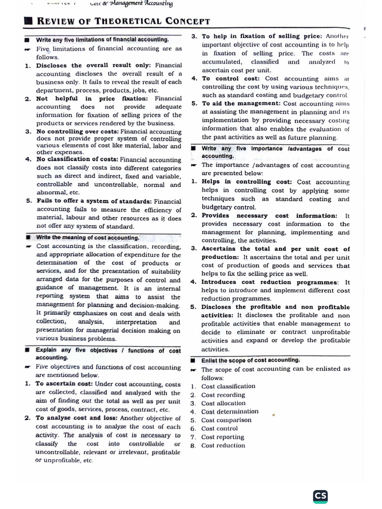 Cost and Management Accounting Theory Notes | PDF