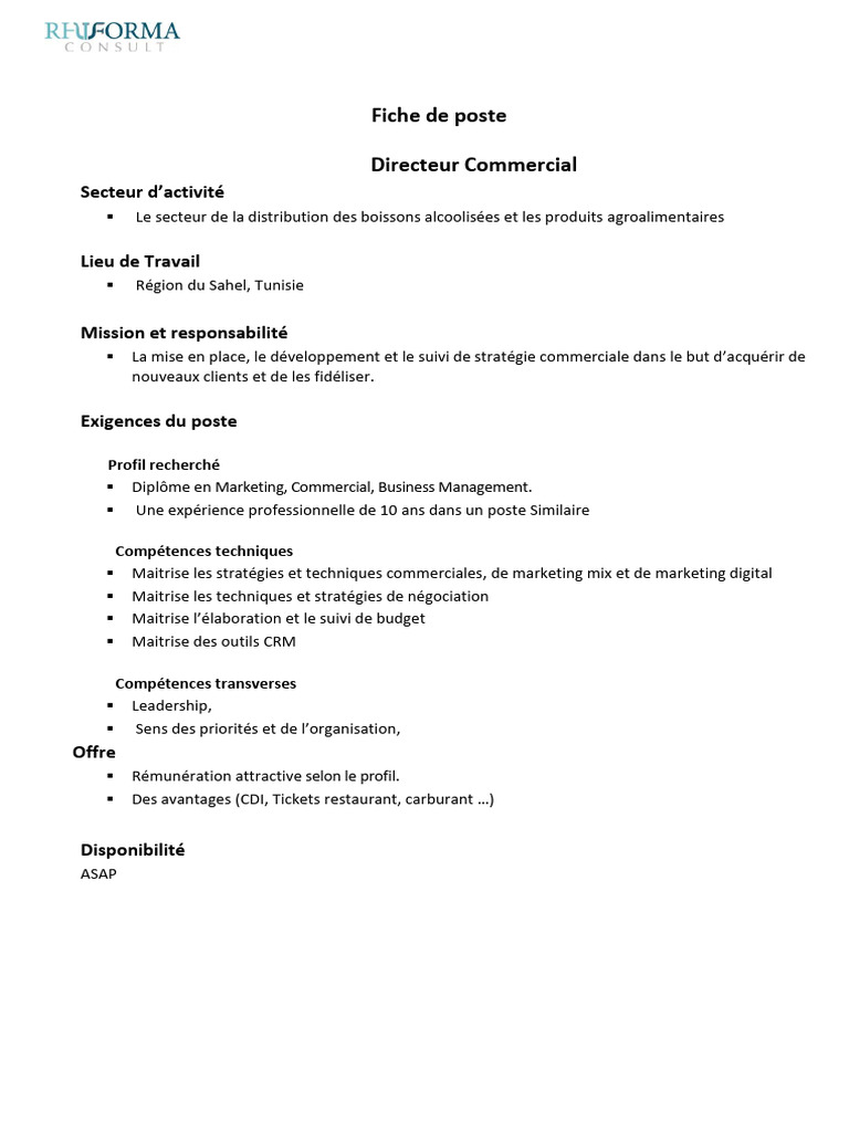 Fiche de Poste Directeur Commercial | PDF