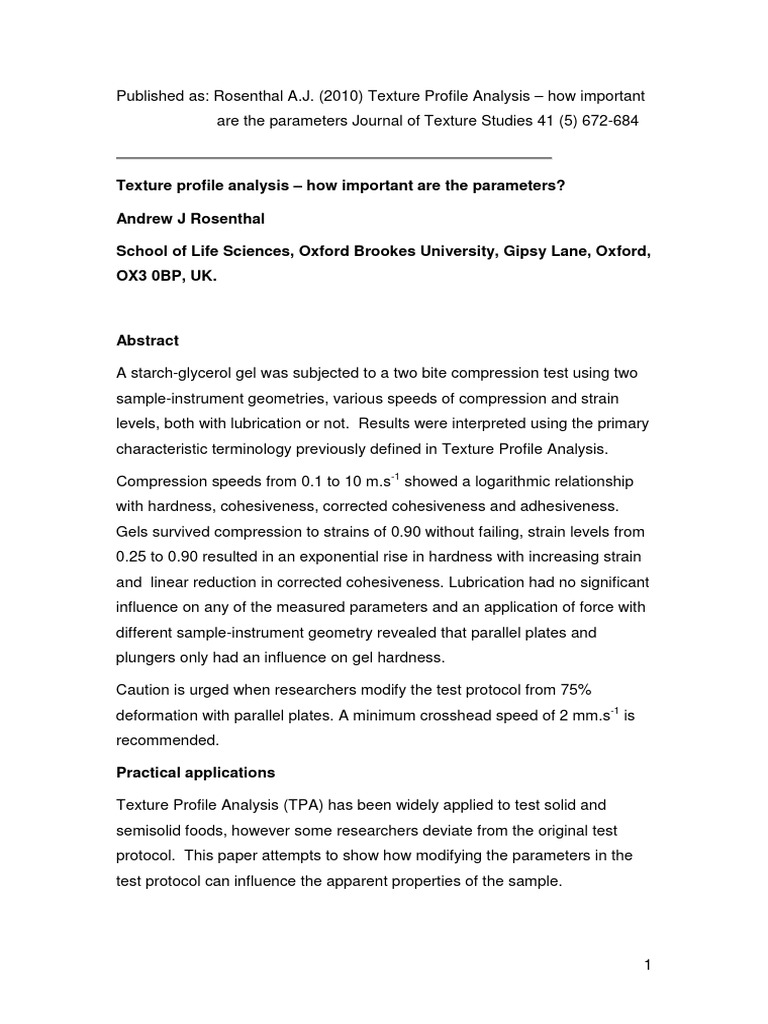 Importance of Texture Profile Analysis Parameters | PDF | Analysis Of ...