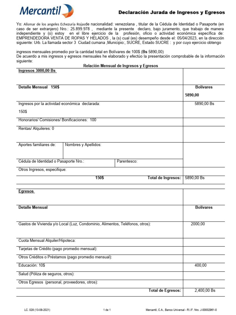 Declaracion Jurada de Ingresos y Egresos 2021 | PDF | Documento de ...