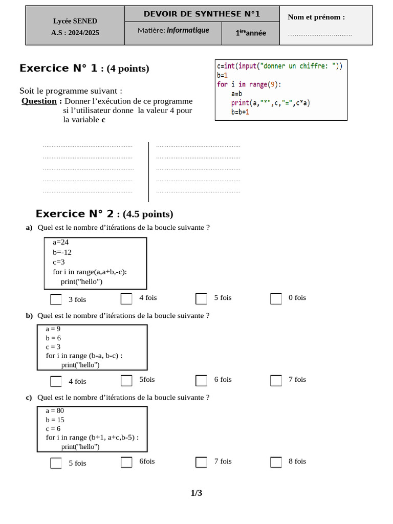 Exercice de programmation Python 1ère année | PDF | Structure de ...