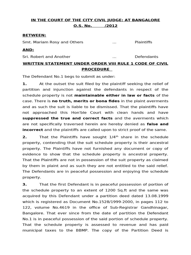 Defendant's Written Statement in Partition Case | PDF | Affidavit | Lawsuit