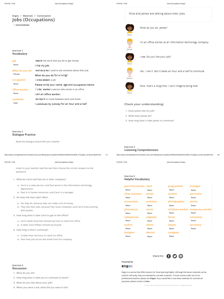 Jobs (Occupations) _ Engoo | PDF | Linguistic Morphology | Grammar