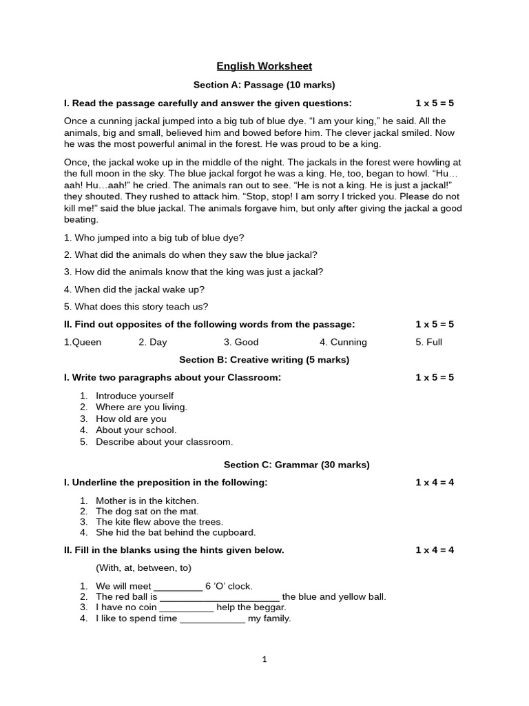 English Worksheet Pdf