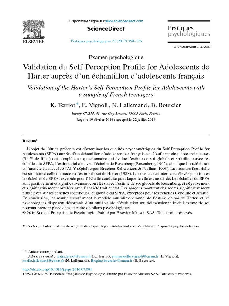 Validation du SPPA pour adolescents français | PDF | Estime de soi ...