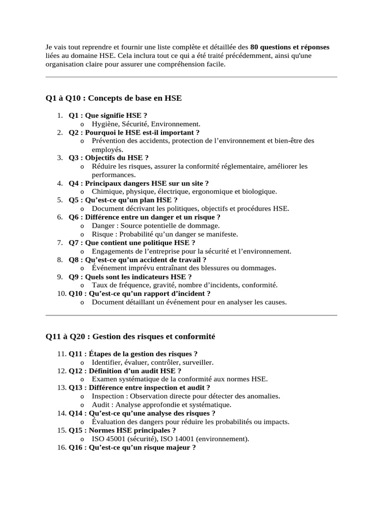 80 Questions Clés sur HSE et Sécurité | PDF | la pollution | Risque