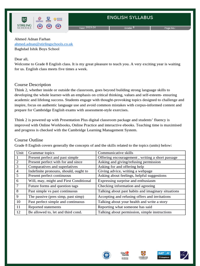 Grade 8 English Syllabus 2023-24 | PDF | Academic Dishonesty | Homework