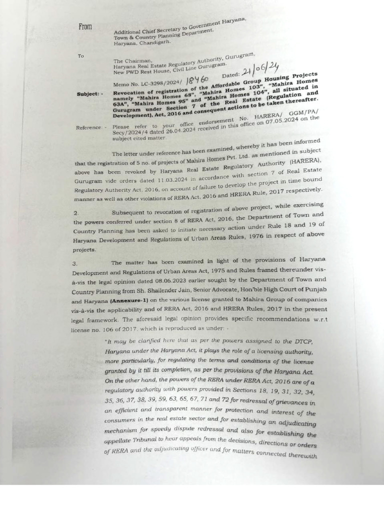 Letter of ACS DTCP To Chairmain HRERA Dated 21-06-2024 | PDF