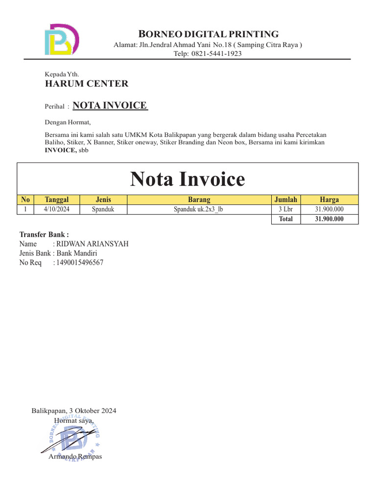 Nota Invoice Percetakan Borneo | PDF