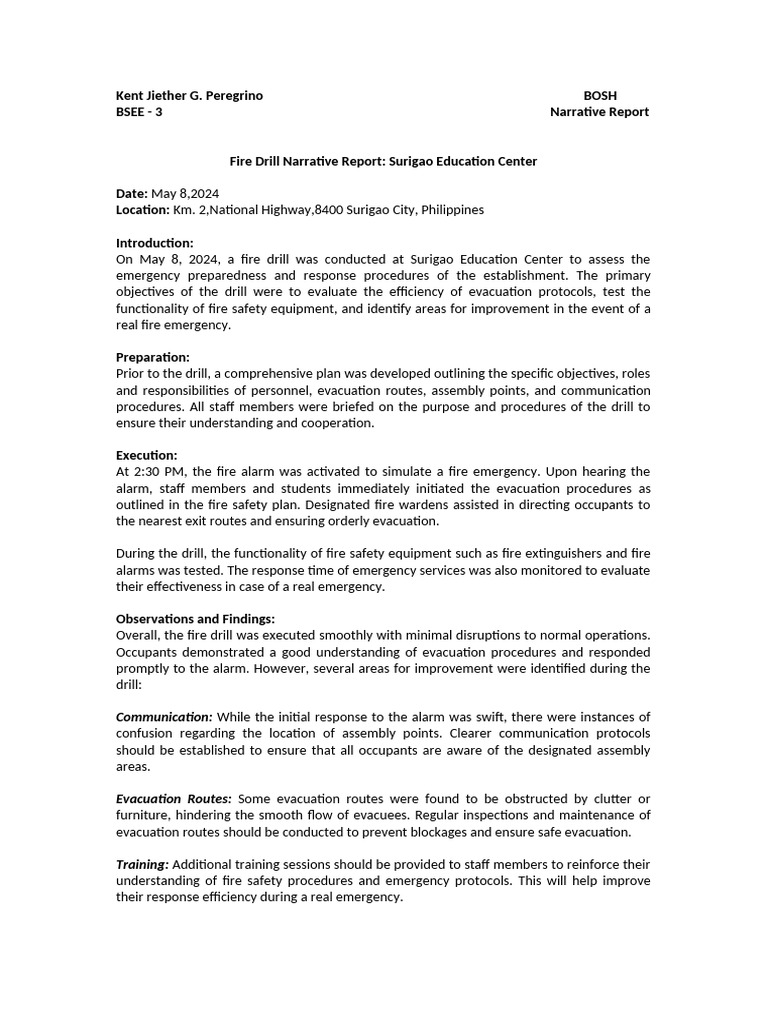 Fire Drill Evaluation at Surigao Center | PDF | Fire Safety | Emergency ...