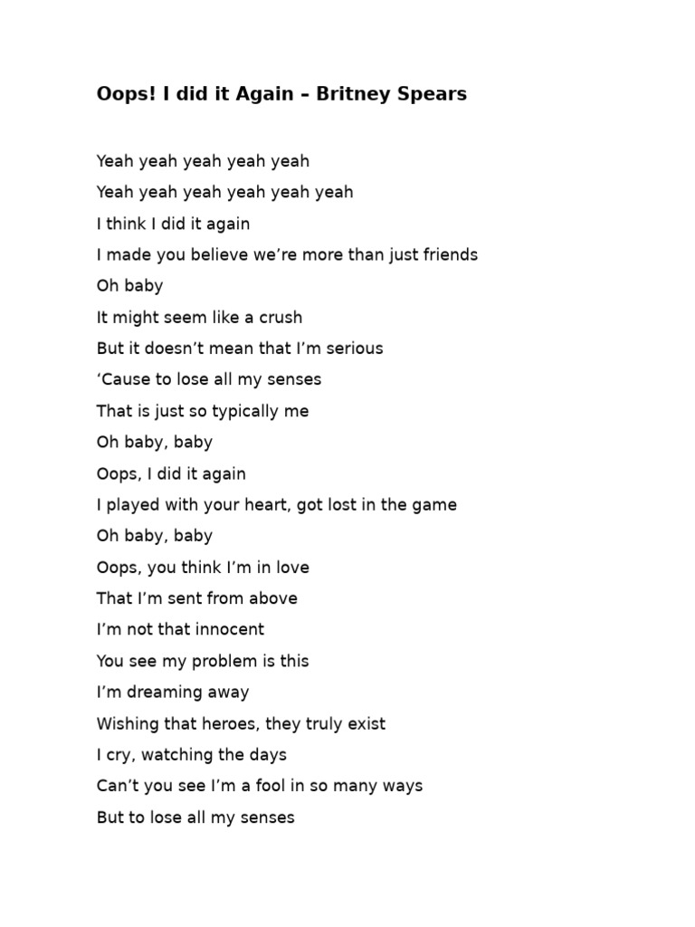 Britney Spears "Oops! I Did It Again" Lyrics | PDF