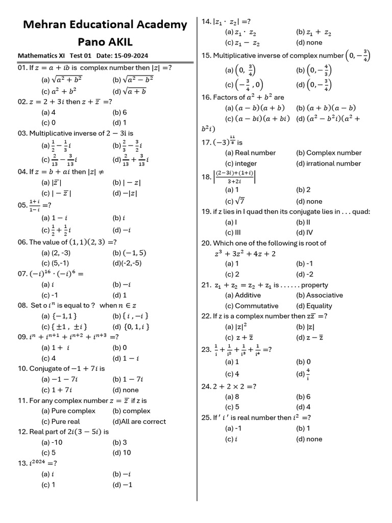 Mathematics XI Test on Complex Numbers | PDF | Proton | Neutron