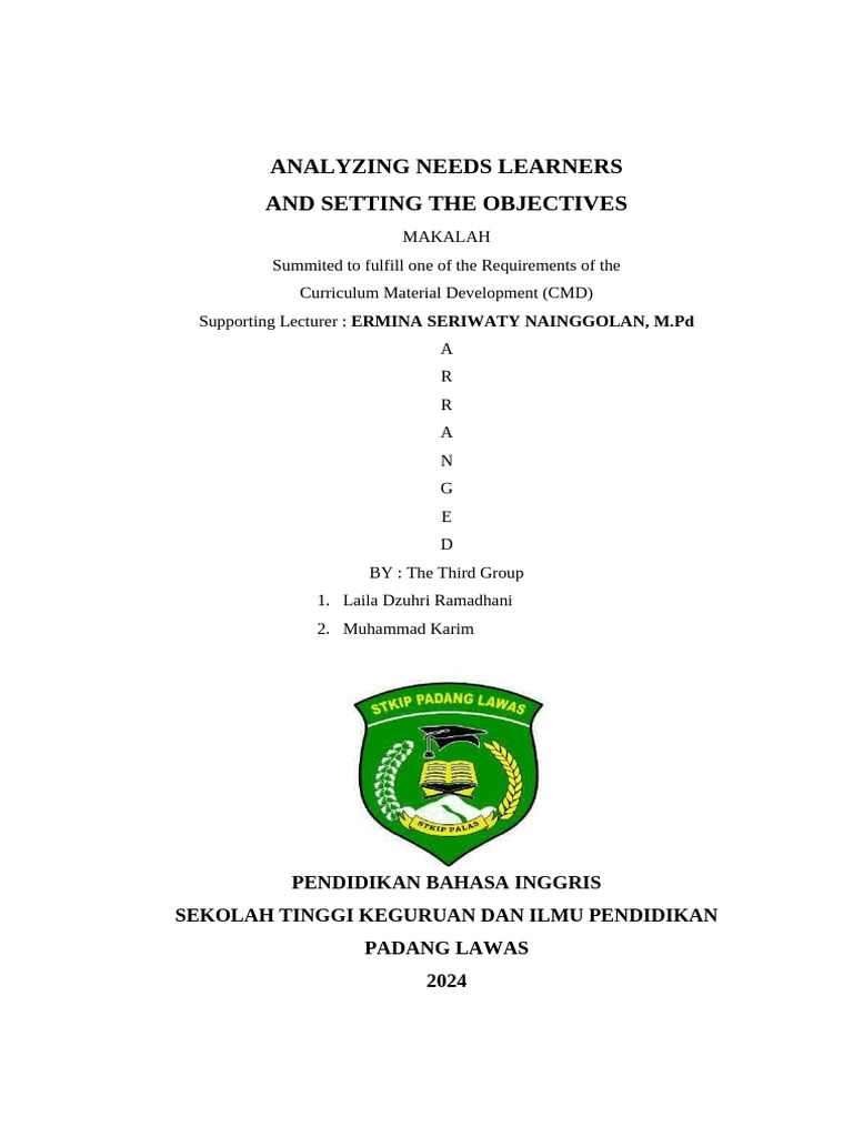 Learner Needs Analysis And Objectives Pdf Educational Assessment