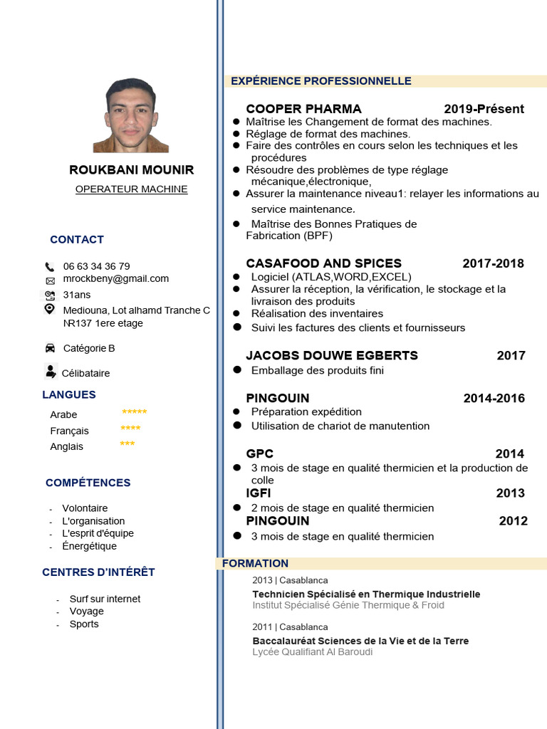 CV de ROUKBANI MOUNIR, Opérateur Machine | PDF