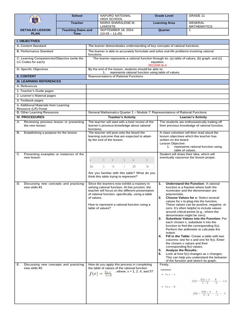 Grade 11 Rational Functions Lesson Plan | PDF | Function (Mathematics ...