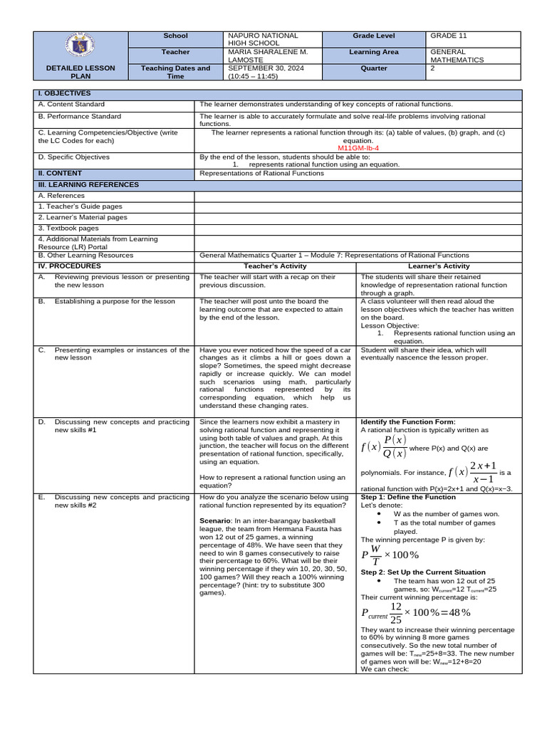Grade 11 Rational Functions Lesson Plan | PDF | Function (Mathematics ...