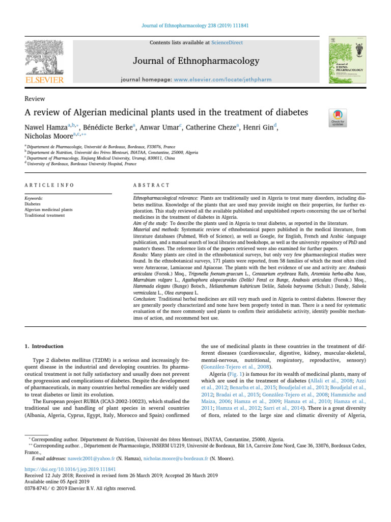 A Review of Algerian Medicinal Plants Used in The Treatment of Diabetes ...
